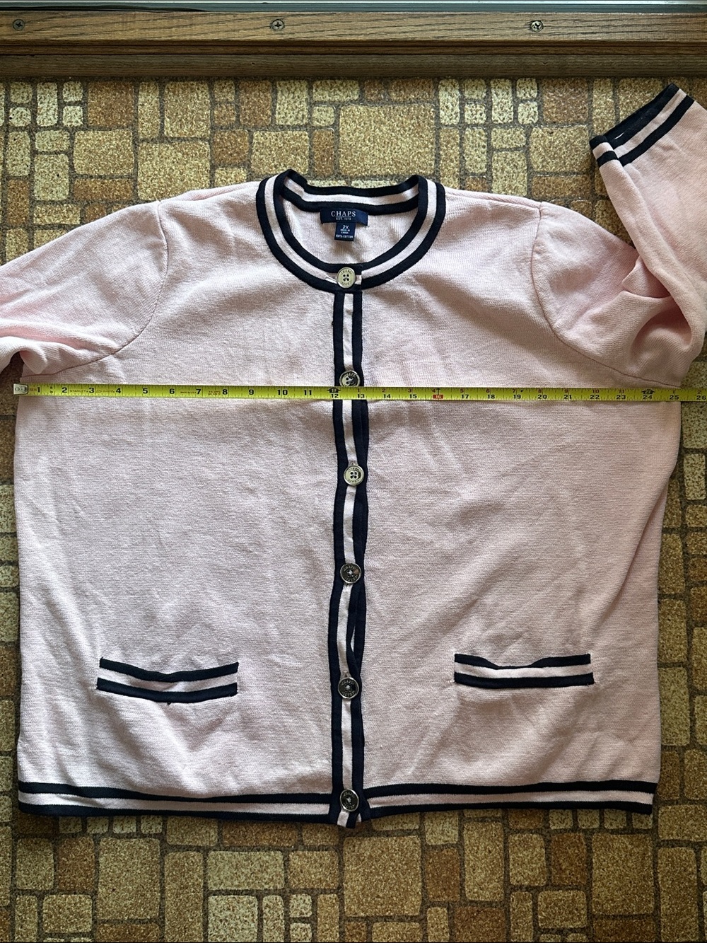 Chaps 100% Cotton Pink Cardigan with Black Trim and Silver Buttons - Picture 7 of 8